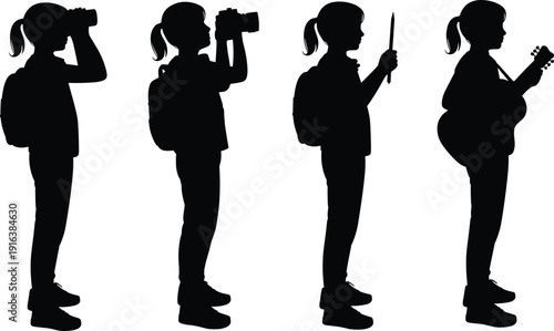 Cute school girl silhouettes set with backpack, female student using binoculars, camera, pencil, and playing guitar for education and hobby design,