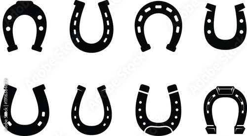 Horseshoe Icon Set – Black Silhouette Lucky Horseshoe Symbols Collection on White Background