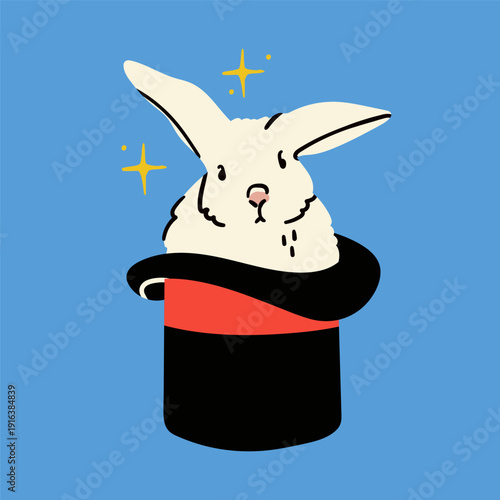 White rabbit in black cylinder hat. Magic elements, tool for magic tricks, professional illusionist equipment concept. Hand drawn trendy Vector illustration. Isolated design element 
