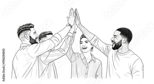 Group of friends giving high five in line art style