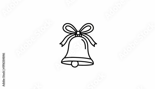 Christmas Bell Icon with Ribbon Bow, Simple Line Art, Isolated on White Background