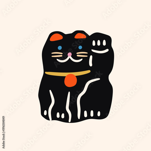 Black Maneki Neko cat. Traditional asian souvenir. Talisman, amulet, good luck symbol, fortune, success, prosperity concept. Hand drawn Vector illustration. Isolated design element
