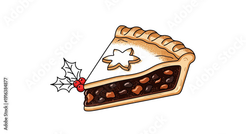 Christmas Mince Pie Slice with Holly Berry Garnish - Festive Food Illustration