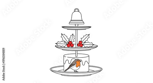 Christmas Robin Bird on Cake Stand with Holly and Bell, Festive Illustration