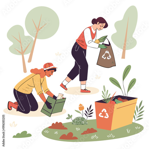 People collecting and disposing of green waste in a recycling bin