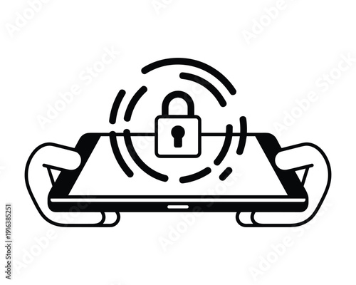 Digital security concept of a padlock symbol emanating waves on a smartphone held by two hands