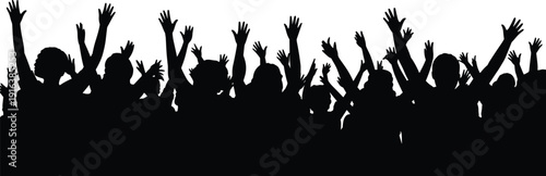 Large cheering crowd silhouettes with raised hands, happy people celebrating at concert or sports event for festival and party success design,