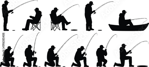 Large set of professional fisherman silhouettes, men 