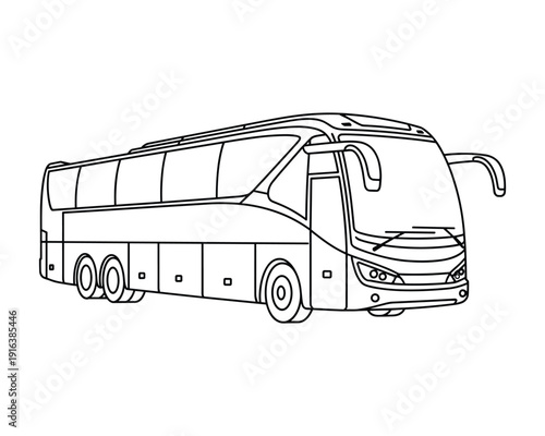 Stylized line art illustration of a modern longdistance coach bus with multiple windows and wheels