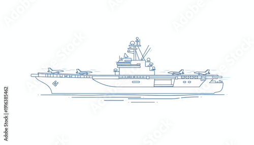 Aircraft Carrier with Airplanes on Deck - Minimalist Line Art Illustration