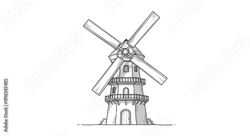 Vintage Windmill Illustration - Rustic Architecture with Rotating Blades