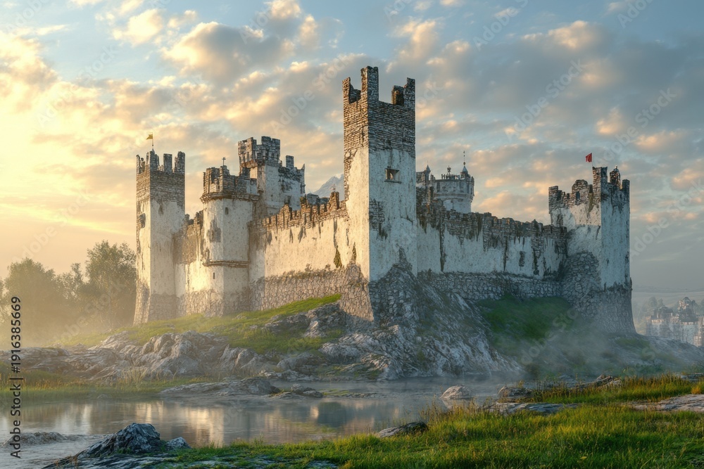 Fototapeta premium Majestic castle standing on rocky terrain under dramatic sky at sunrise near water