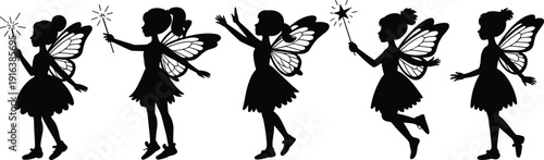 Fairy silhouettes set with magic wand, little garden elf girl with butterfly wings vector icons