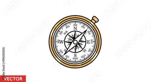 Vintage Brass Compass Nautical Navigation Tool, Isolated on White Background