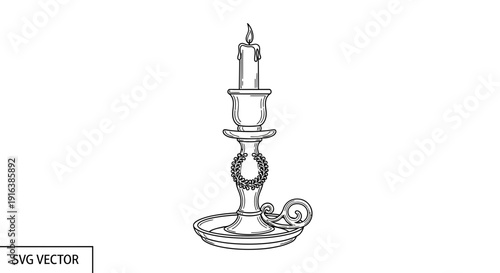 Vintage Candlestick with Burning Candle, Ornate Design, Black and White Vector Illustration