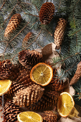Pine cones with slices of d...