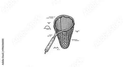 Vintage Fishing Net with Sunset and Seagulls, Retro Outdoor Hobby Icon