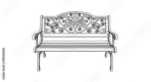 Vintage Garden Bench with Ornate Metalwork, Black and White Line Art