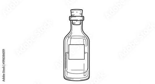 Vintage Glass Bottle with Cork Stopper and Blank Label, Hand-Drawn Sketch Style