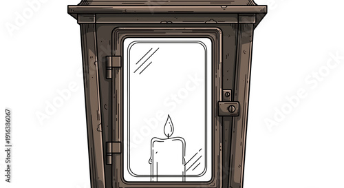 Vintage Lantern with Burning Candle Inside, Old Lamp, Rustic Design, Isolated on White