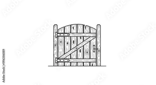 Rustic Wooden Garden Gate with Arch Top and Metal Latch, Black and White Line Art