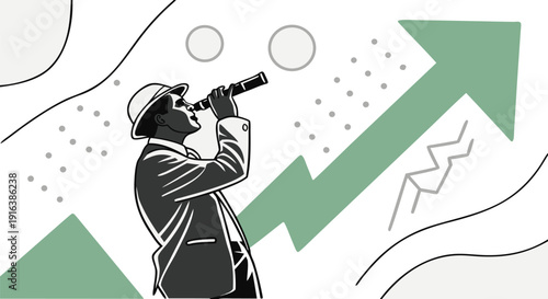 Cartoon illustration of a businessman with a sword and a silhouette person holding an arrow pointing up among diverse business people