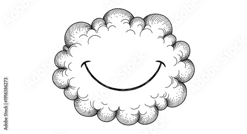 Smiling cloud illustration in black and white line art