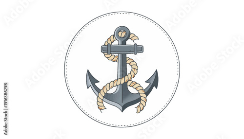 Nautical Anchor with Rope Emblem, Marine Symbol, Maritime Icon, Vintage Style
