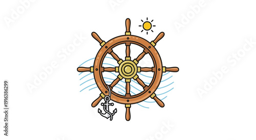 Nautical Ship Wheel with Anchor and Sun on Wavy Water, Marine Adventure
