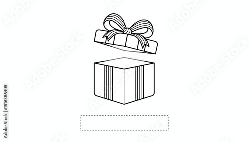 Open Gift Box with Bow, Surprise Present, Outline Drawing, Vector Illustration