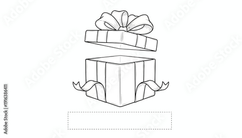 Open Gift Box with Ribbon and Bow, Surprise Present, Celebration, Black and White Line Art