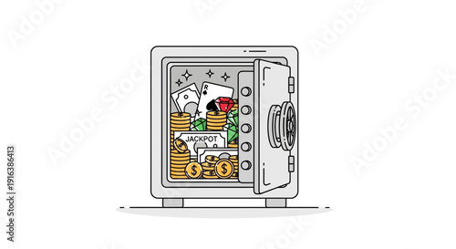 Open Safe Filled with Money, Chips, and Playing Cards - Jackpot Concept
