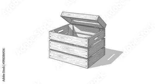 Open Wooden Crate Box with Hinged Lid, Rustic Storage Container, Farmhouse Style