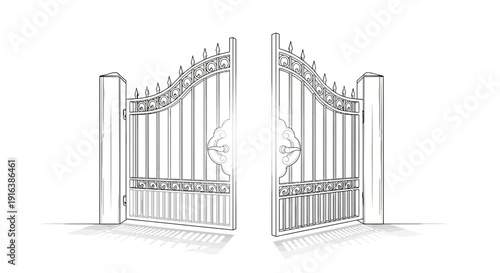 Ornate Wrought Iron Gates Open, Architectural Entrance, Elegant Design, Classic Style