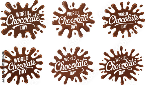 World Chocolate Day celebration logo with melted chocolate splashes and white text 