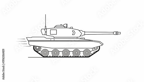 Outline of a modern tank in motion, military vehicle, vector illustration