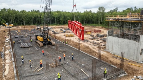 Active Construction Site with Workers Installing Steel Framework and Crane Operating in Outdoor Industrial Setting Surrounded by Forest