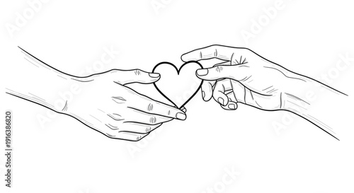 Hands holding heart shape symbol in line art style
