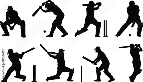 Professional cricket player silhouettes set, athletic batsmen and wicketkeeper icons, sports match action and competitive game performance for fitness design,