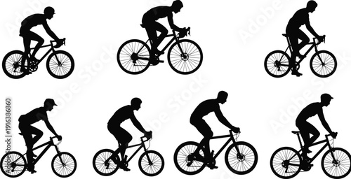 WebProfessional cyclist silhouettes set, road and mountain bike riders in action, cycling competition and outdoor fitness training icons for sports,