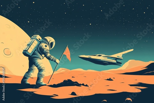 Astronaut plants flag on alien planet with spaceship in background in minimalism style