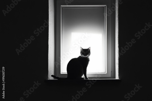 Cat sits in a window with backlighting in a minimal setting during the day