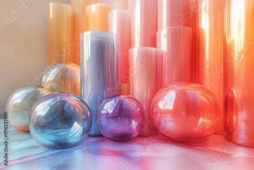 Colorful glass morphism 3D objects arranged in a minimalistic layout with soft lighting