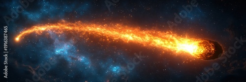 Comet streaks through starry sky with bright glowing tail in minimal graphic layout