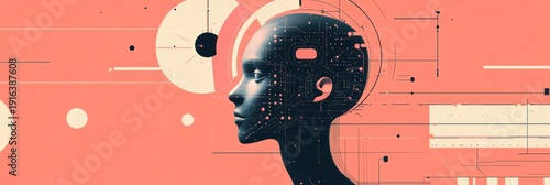 Digital face of artificial intelligence analyzes data in real time in minimalistic design