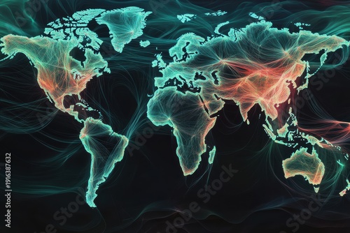 Digital world map with neural lines in minimal style showing global connections in high resolution