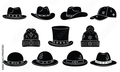 Collection of various black hats with different styles and designs