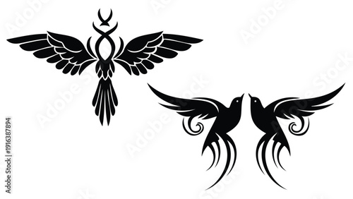 Two black silhouette bird tattoos with outstretched wings on white background