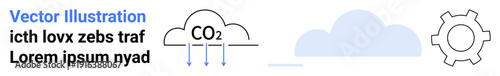 CO2 cloud with downward arrows, abstract cloud, gear symbolizing emission reduction, technology, environment, energy, innovation, ecology carbon footprint. Ideal for sustainability concepts or