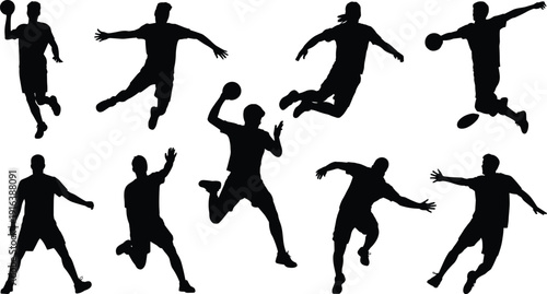 Professional handball player silhouettes set, athletic team sports action, throwing jumping and running vector icons for competition and fitness design